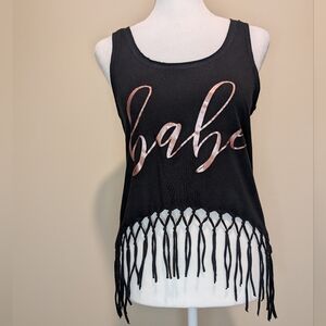 Kavio Black Tank Top with Fringe and Rose Gold Metallic 'babe' Print